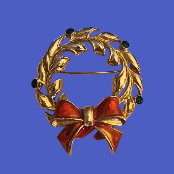 VTG AAI Christmas Wreath Bow Holiday Brooch Pin - Picture 1 of 5